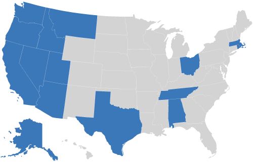 Map of USA with states AK, AL, AZ, CA, ID, MA, MT, NV, OH, OR, RI, TN, TX, UT, WA highlighted